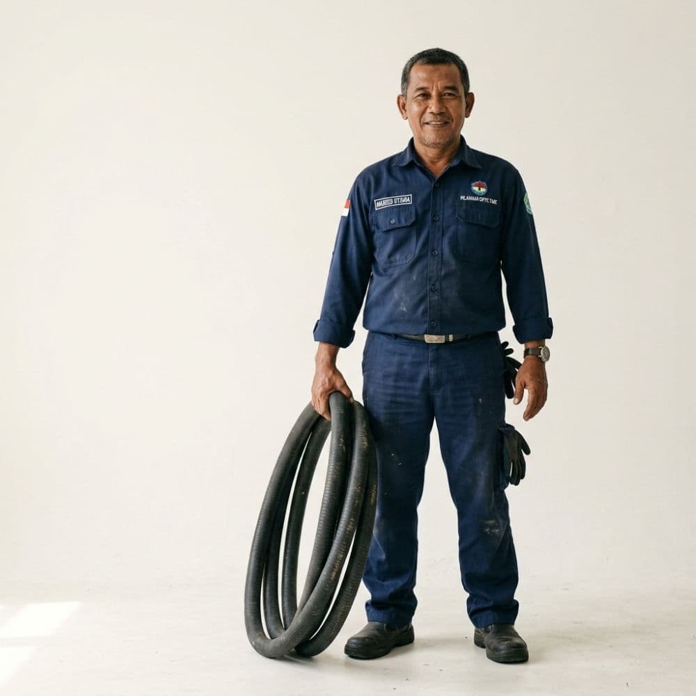 Petugas berdiri dengan gulungan selang sedot.