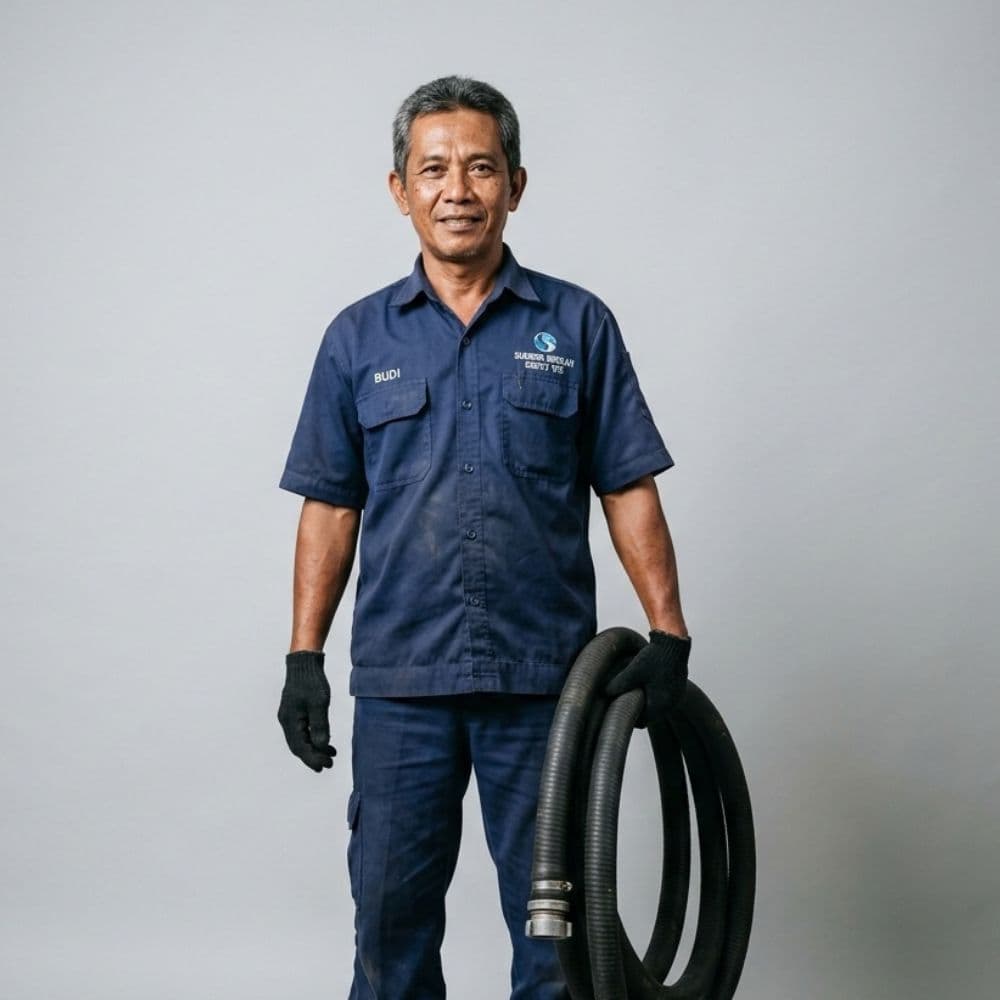 Petugas memegang gulungan selang sedot.